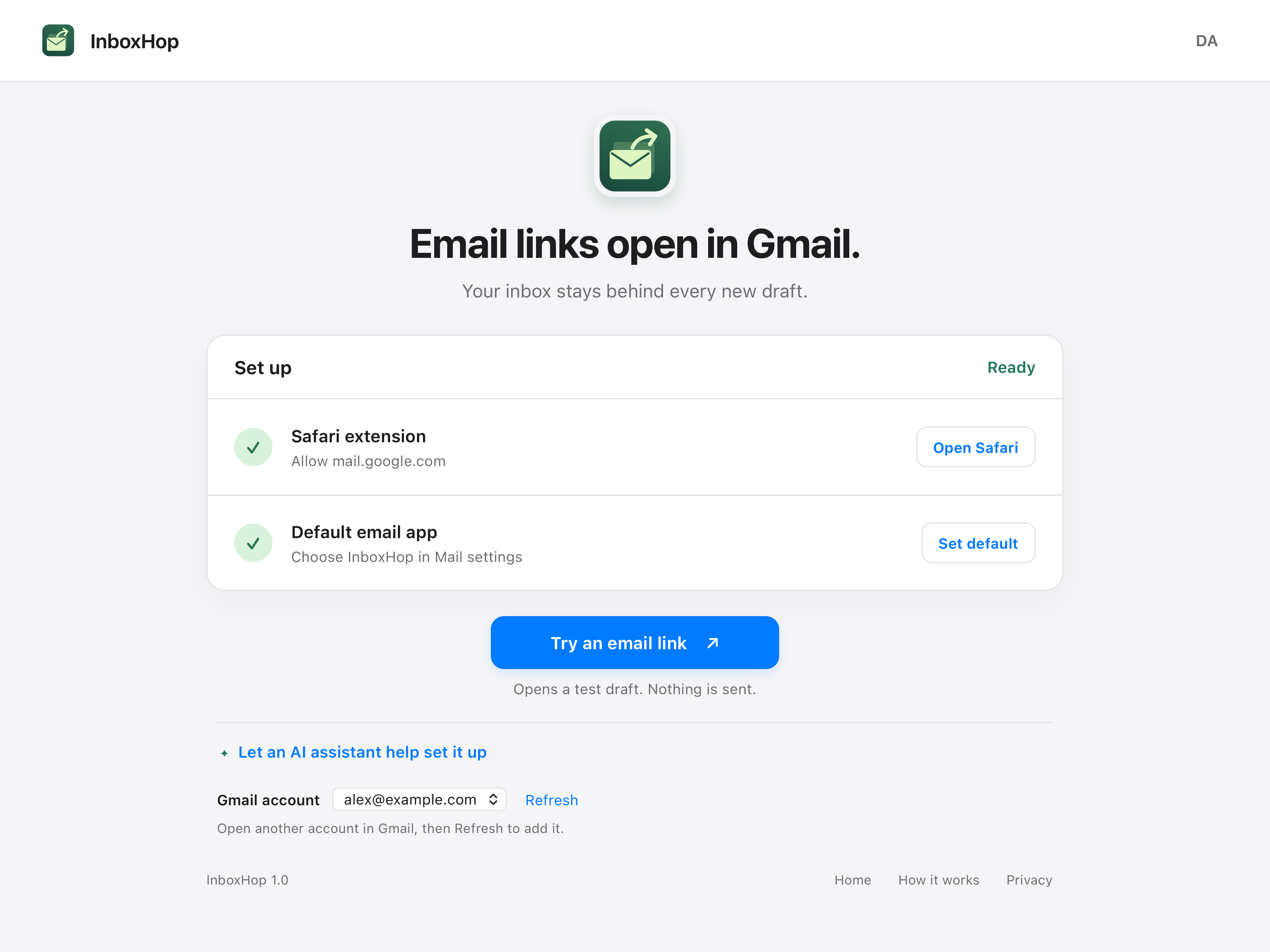 InboxHop setup: enable the Safari extension, choose the default mail app and open a test draft